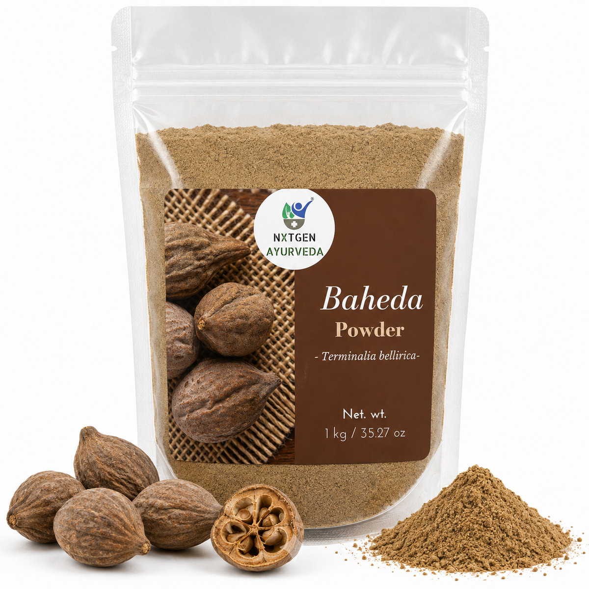 Premium Baheda Powder in a transparent stand-up pouch with finely ground Terminalia bellirica fruit powder for traditional Ayurvedic wellness.