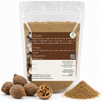 Premium Baheda Powder in a transparent stand-up pouch with finely ground Terminalia bellirica fruit powder for traditional Ayurvedic wellness.
