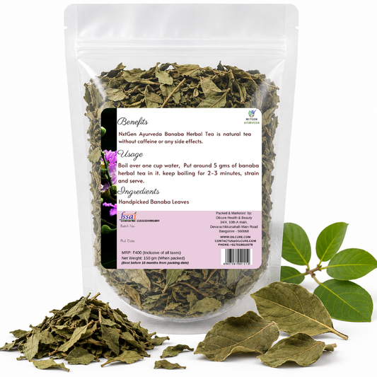 Premium  in a transparent stand-up pouch with dried Banaba leaves for a soothing herbal tea and refreshing infusion.
