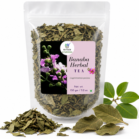 Premium  Tea in a transparent stand-up pouch with dried Banaba leaves for a soothing herbal tea and refreshing infusion.