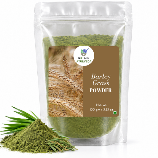 Premium Barley Grass Powder in a transparent stand-up pouch with finely ground barley grass for smoothies, juices, nutrition, and everyday wellness.