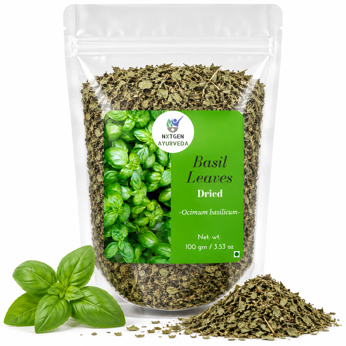 Premium Dried Basil Leaves in a transparent stand-up pouch with aromatic dried basil herbs for cooking, seasoning, sauces, and Italian recipes.