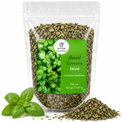Premium Dried Basil Leaves in a transparent stand-up pouch with aromatic dried basil herbs for cooking, seasoning, sauces, and Italian recipes.