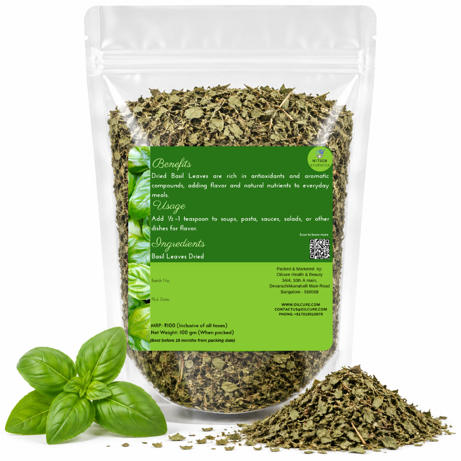 Premium Dried Basil Leaves in a transparent stand-up pouch with aromatic dried basil herbs for cooking, seasoning, sauces, and Italian recipes.