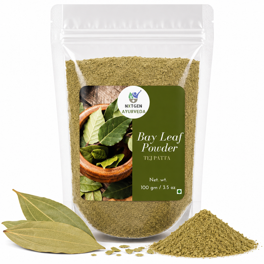 Premium Bay Leaf (Tej Patta) Powder in a transparent stand-up pouch with finely ground dried bay leaves for authentic Indian cooking and seasoning.
