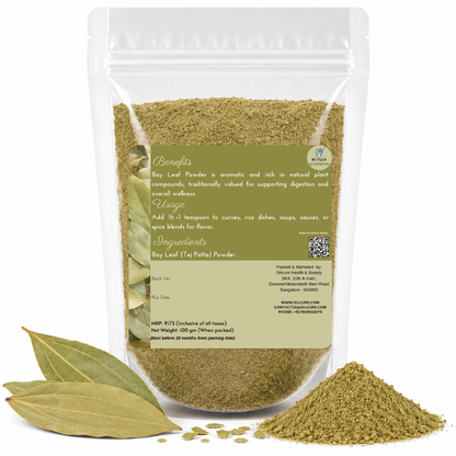 Premium Bay Leaf (Tej Patta) Powder in a transparent stand-up pouch with finely ground dried bay leaves for authentic Indian cooking and seasoning.