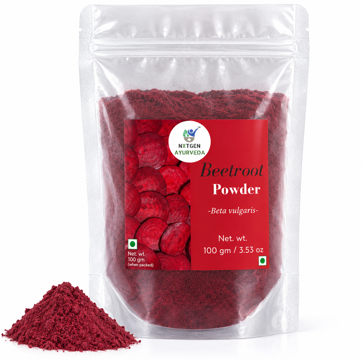 Premium Beetroot Powder in a transparent stand-up pouch with finely ground dried beetroot for smoothies, beverages, cooking, and everyday nutrition.