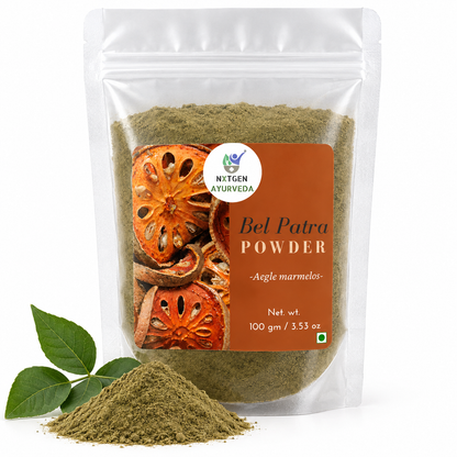Premium Bel Patra Powder 100 gms in a transparent stand-up pouch with finely ground dried Bael leaves for traditional Ayurvedic and herbal use.