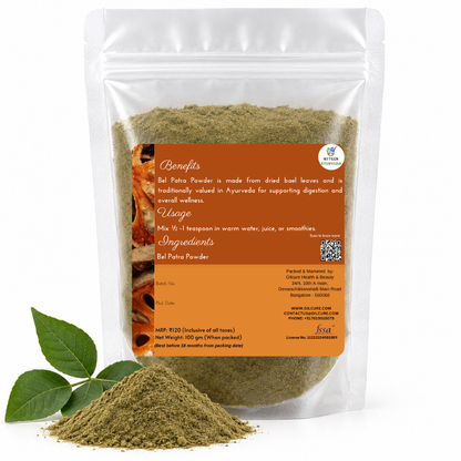 Premium Bel Patra Powder 100 gms in a transparent stand-up pouch with finely ground dried Bael leaves for traditional Ayurvedic and herbal use.