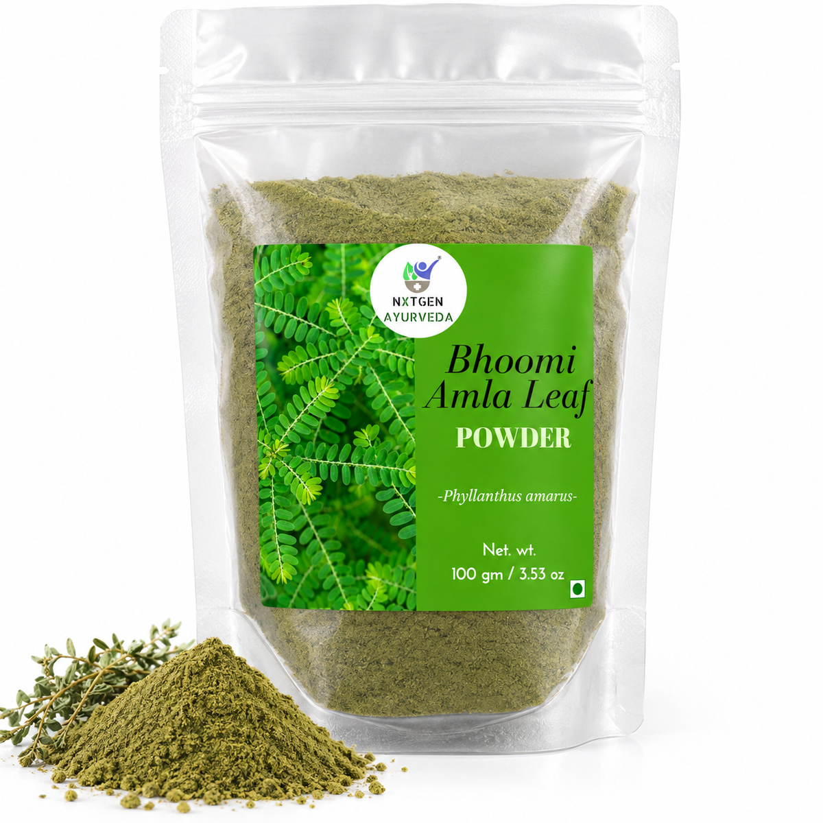 Premium Bhoomi Amla Leaf Powder in a transparent stand-up pouch with finely ground dried leaves for traditional Ayurvedic and herbal use.