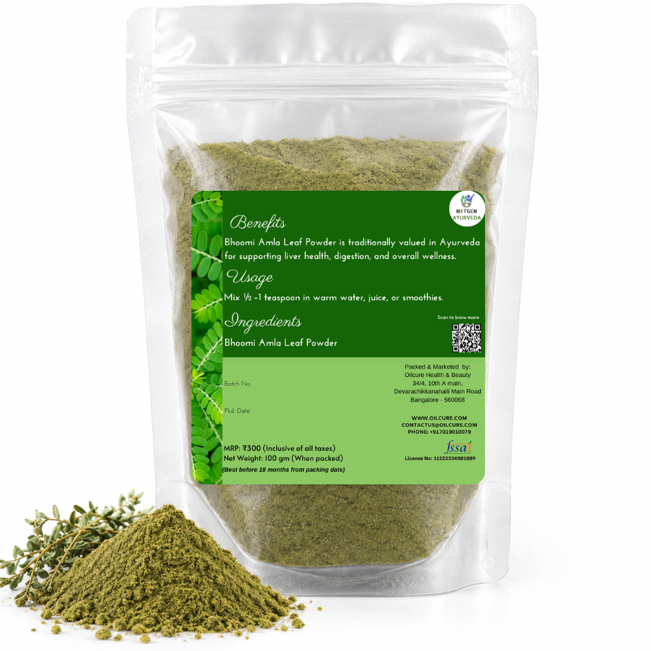 Premium Bhoomi Amla Leaf Powder in a transparent stand-up pouch with finely ground dried leaves for traditional Ayurvedic and herbal use.