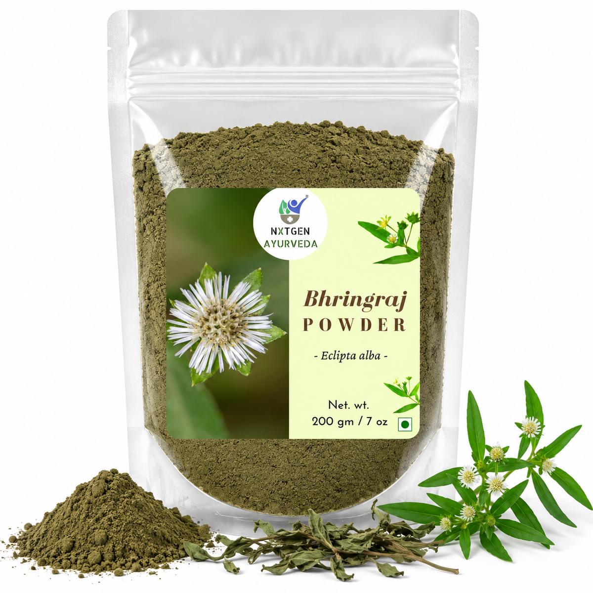 Premium Bhringraj Powder in a transparent stand-up pouch with finely ground Eclipta alba powder for traditional hair care and Ayurvedic wellness.