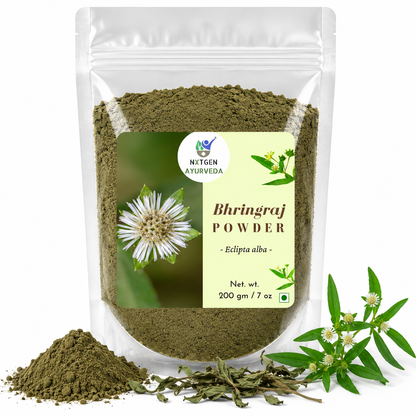 Premium Bhringraj Powder in a transparent stand-up pouch with finely ground Eclipta alba powder for traditional hair care and Ayurvedic wellness.
