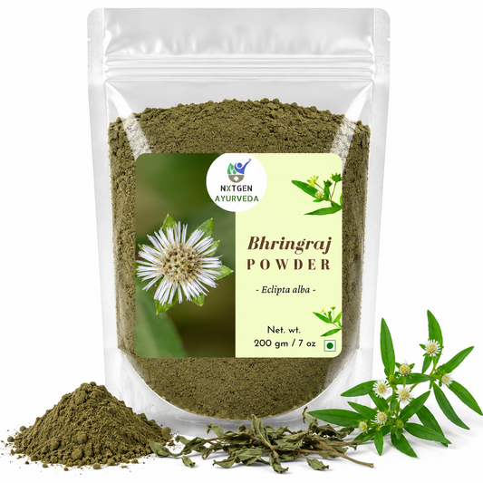 Premium Bhringraj Powder in a transparent stand-up pouch with finely ground Eclipta alba powder for traditional hair care and Ayurvedic wellness.
