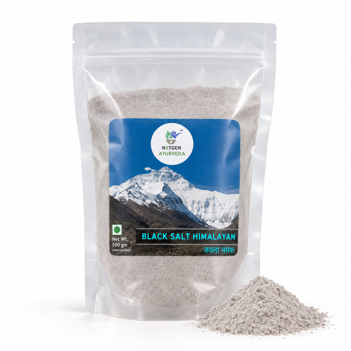 Premium Himalayan Black Salt in a transparent stand-up pouch with fine black salt granules for seasoning, cooking, and traditional culinary use