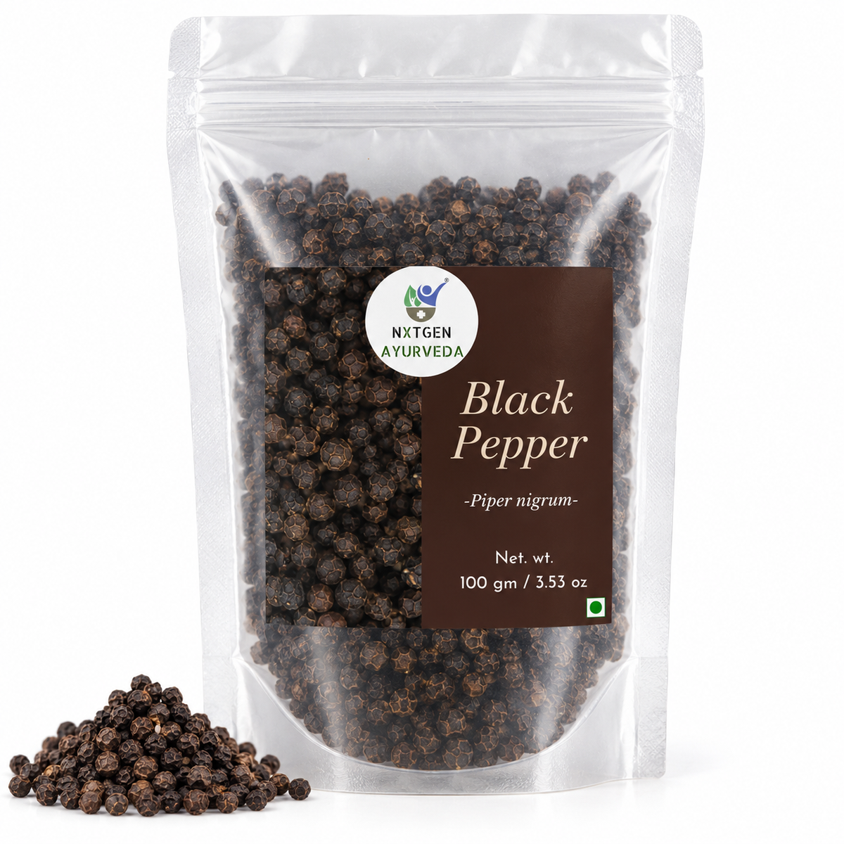 Premium Black Pepper in a transparent stand-up pouch with whole aromatic peppercorns for cooking, seasoning, and traditional culinary use.
