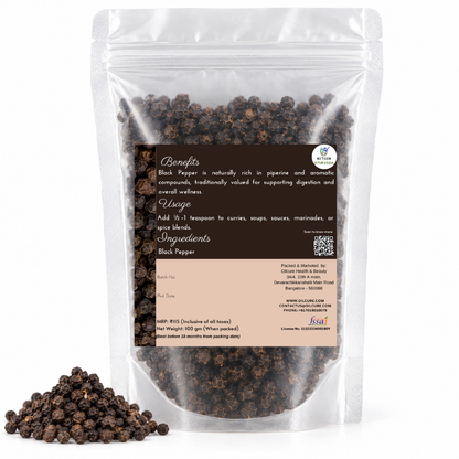 Premium Black Pepper in a transparent stand-up pouch with whole aromatic peppercorns for cooking, seasoning, and traditional culinary use.