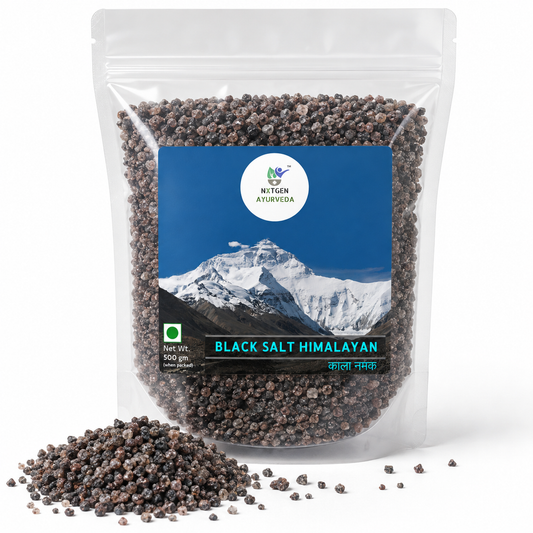 Premium Himalayan Black Salt in a transparent stand-up pouch with natural dark salt crystals for seasoning, cooking, and traditional Indian recipes.