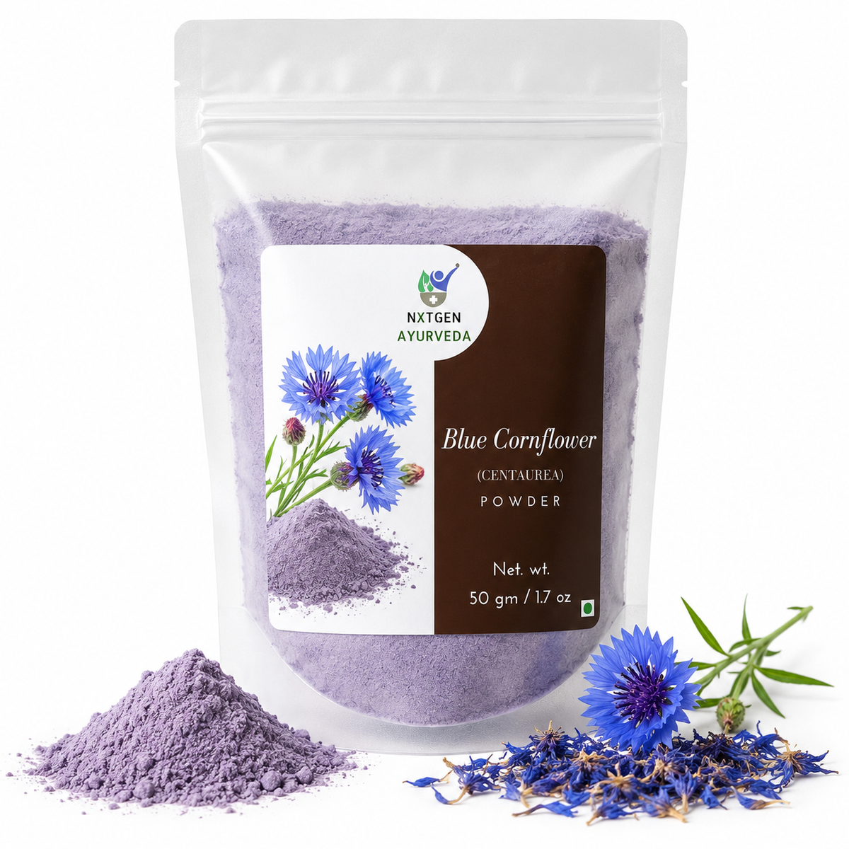 Premium Blue Cornflower (Centaurea) Powder in a transparent stand-up pouch with finely ground blue cornflower petals for natural skincare and herbal use.