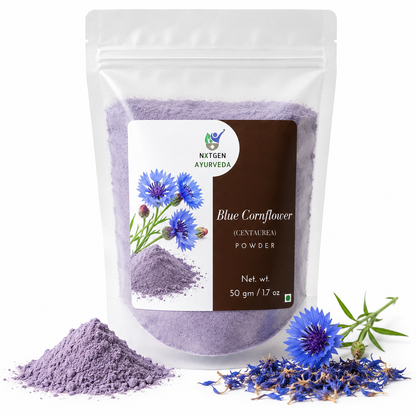 Premium Blue Cornflower (Centaurea) Powder in a transparent stand-up pouch with finely ground blue cornflower petals for natural skincare and herbal use.