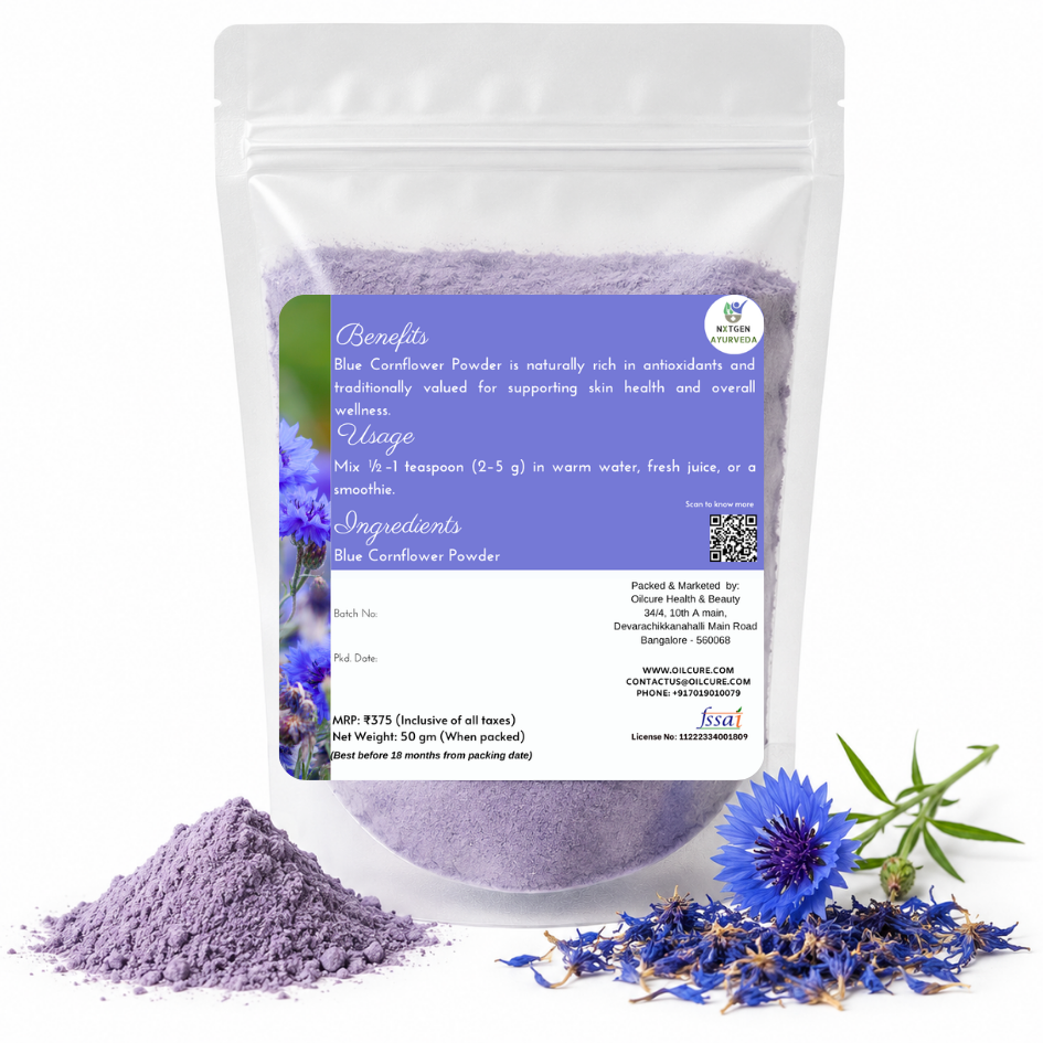 Premium Blue Cornflower (Centaurea) Powder in a transparent stand-up pouch with finely ground blue cornflower petals for natural skincare and herbal use.