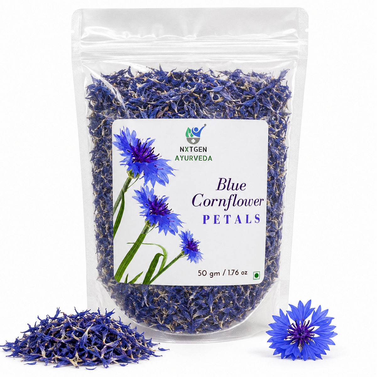 Premium Blue Cornflower Petals in a transparent stand-up pouch with vibrant dried blue flower petals for herbal tea, skincare, and natural wellness.