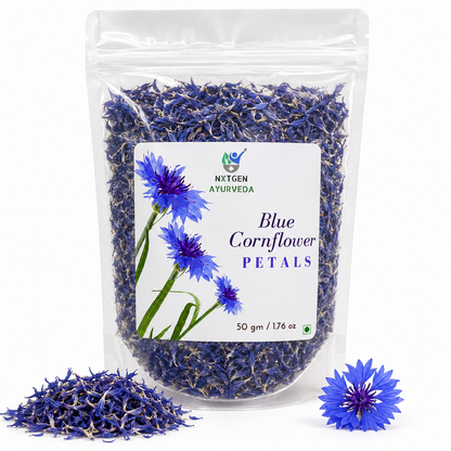 Premium Blue Cornflower Petals in a transparent stand-up pouch with vibrant dried blue flower petals for herbal tea, skincare, and natural wellness.