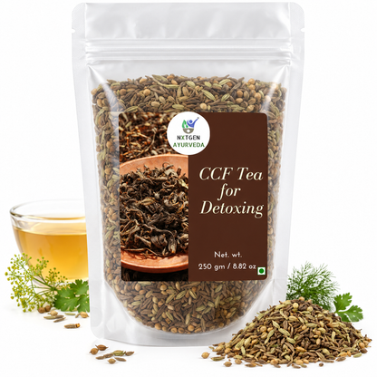 Premium CCF Tea for Detoxing in a transparent stand-up pouch with cumin, coriander, and fennel for a refreshing traditional Ayurvedic herbal infusion.