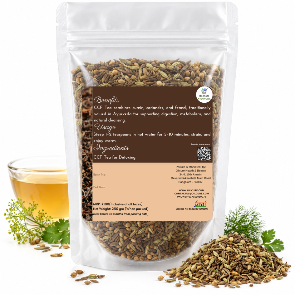 Premium CCF Tea for Detoxing in a transparent stand-up pouch with cumin, coriander, and fennel for a refreshing traditional Ayurvedic herbal infusion.