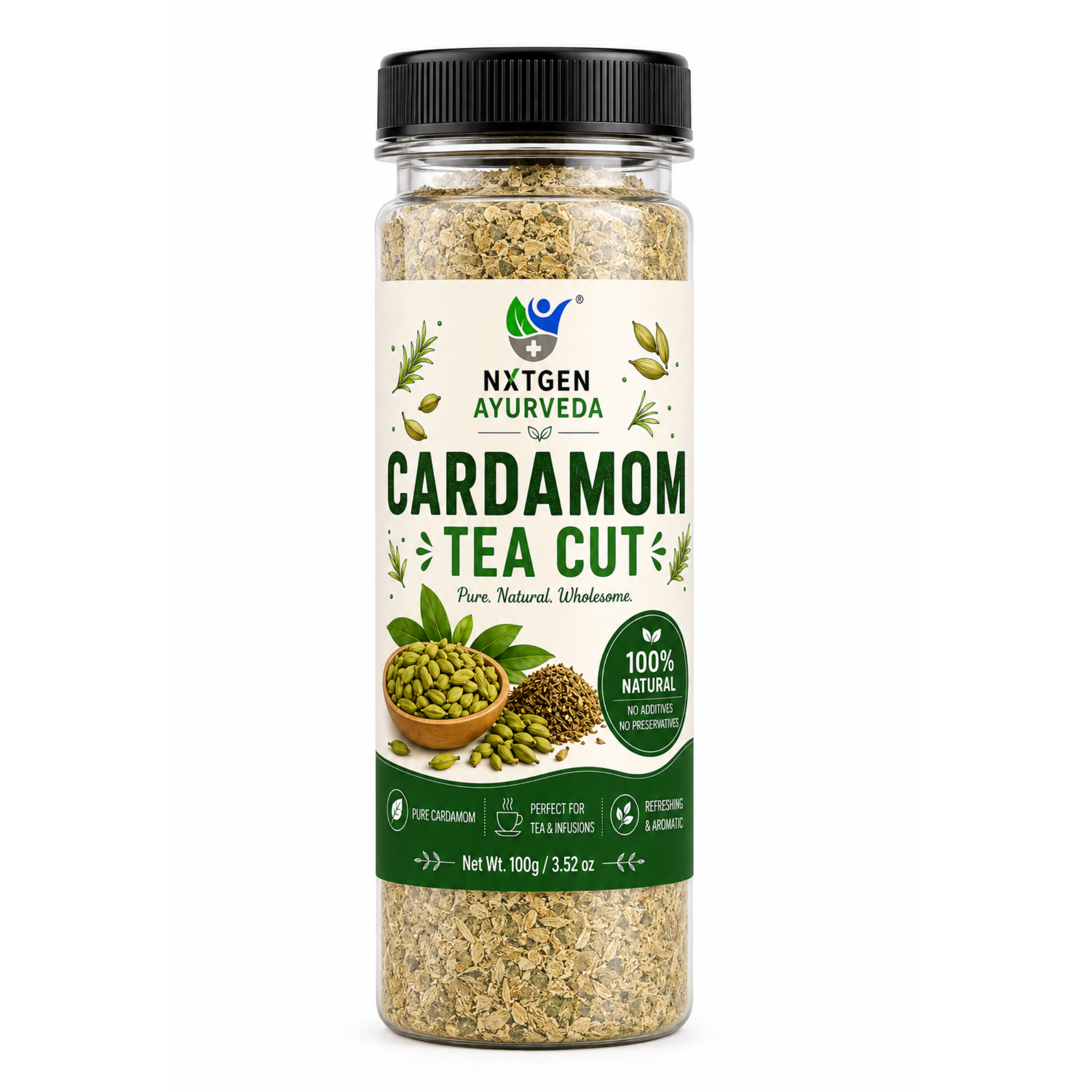 Premium Cardamom Tea Cut in a transparent stand-up pouch with aromatic dried cardamom pieces for flavorful herbal tea and infusion beverages.