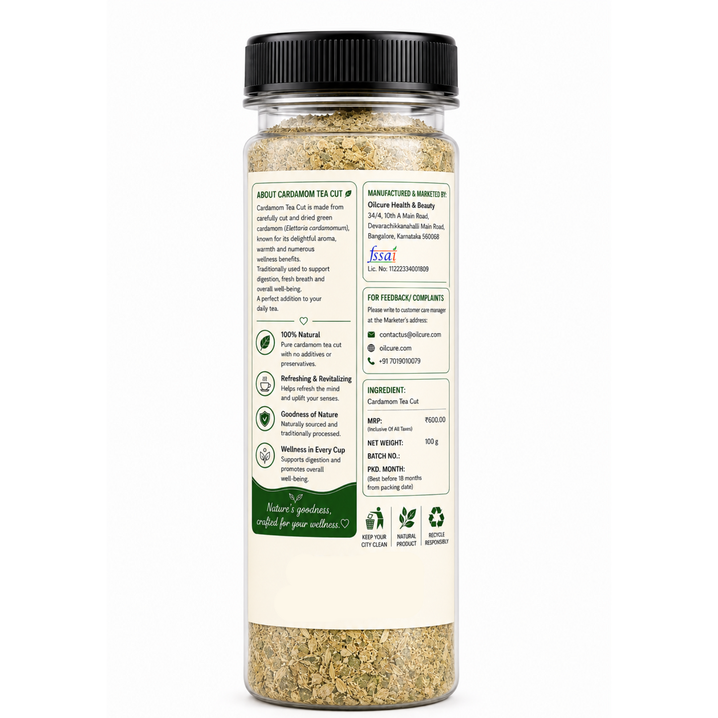 Premium Cardamom Tea Cut in a transparent stand-up pouch with aromatic dried cardamom pieces for flavorful herbal tea and infusion beverages.