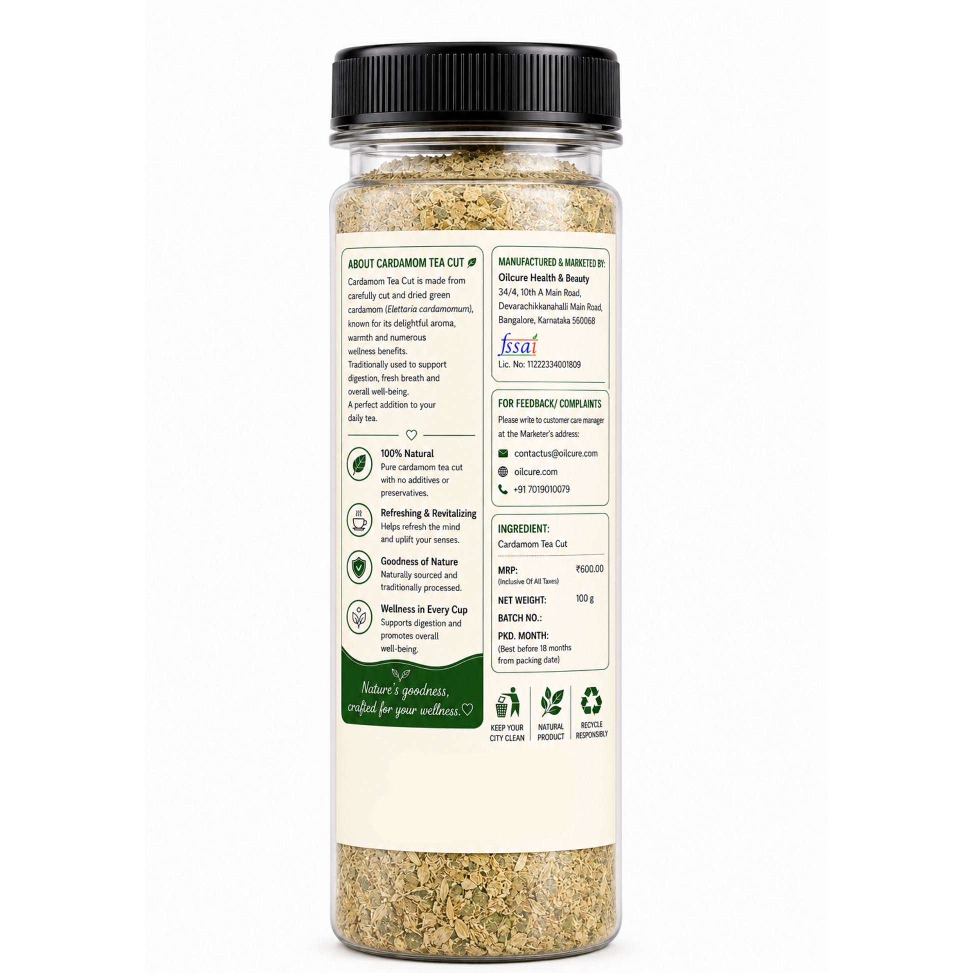 Premium Cardamom Tea Cut in a transparent stand-up pouch with aromatic dried cardamom pieces for flavorful herbal tea and infusion beverages.
