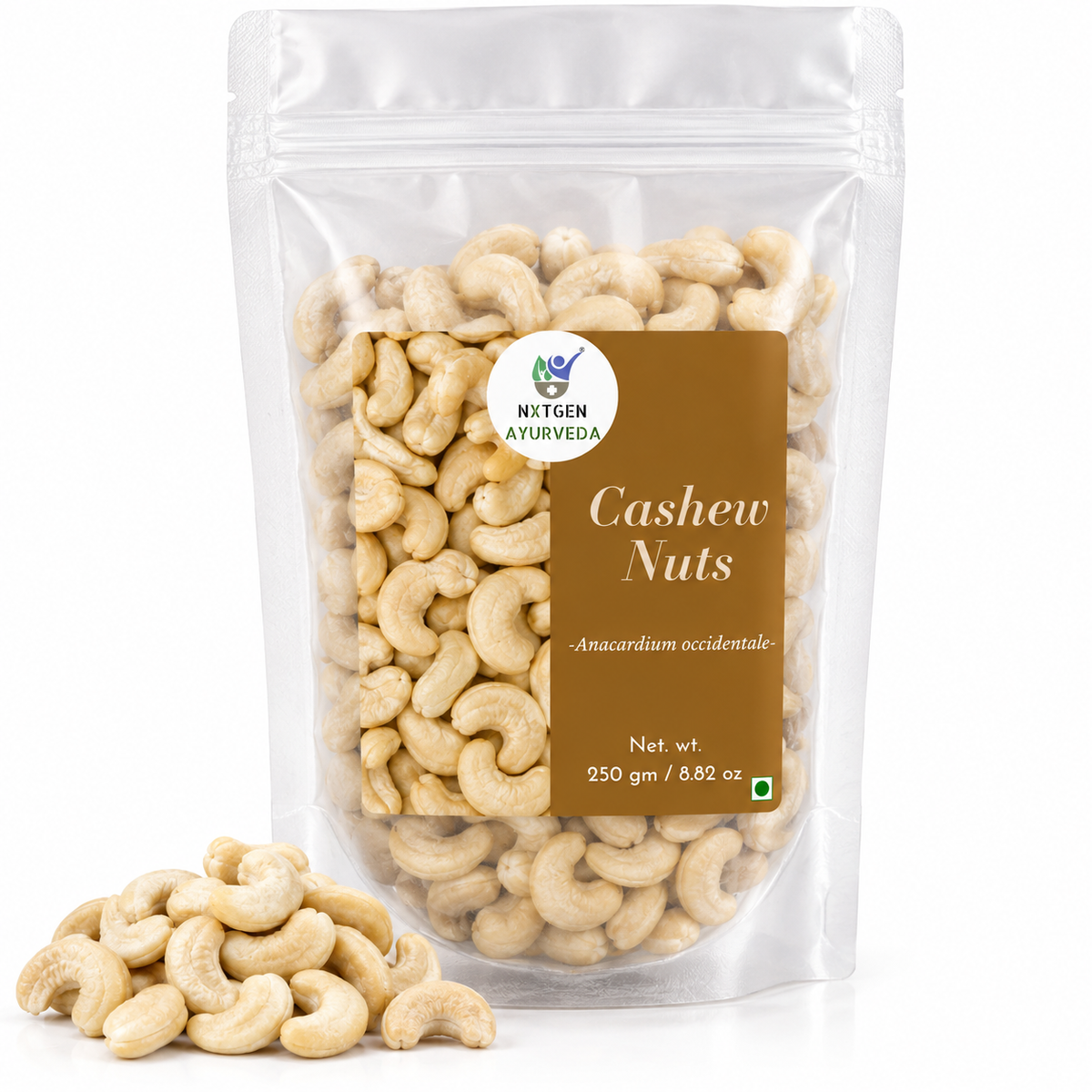 Premium Cashew Nuts in a transparent stand-up pouch with whole creamy cashews for healthy snacking, baking, and cooking.