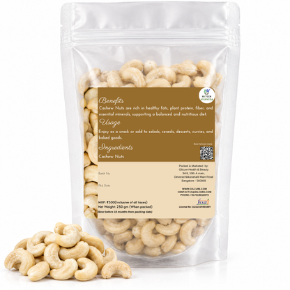 Premium Cashew Nuts in a transparent stand-up pouch with whole creamy cashews for healthy snacking, baking, and cooking.