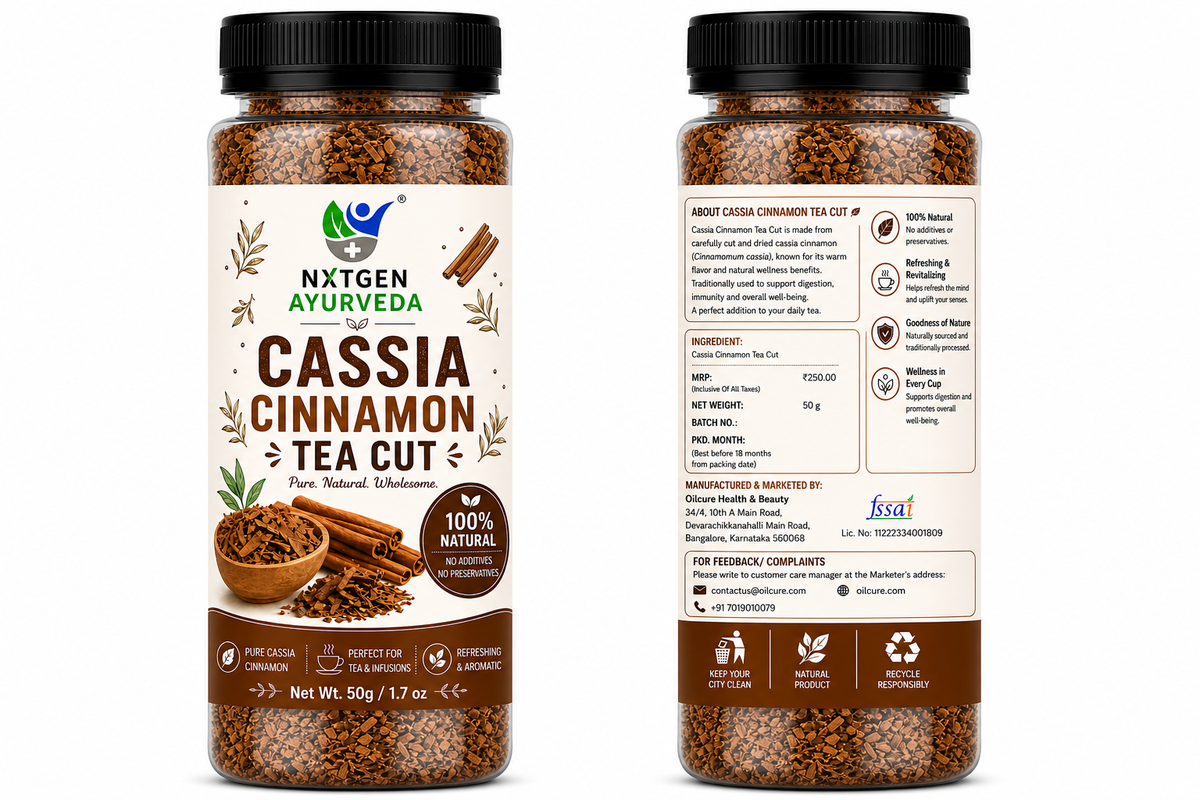 Premium Cassia Cinnamon Tea Cut in a transparent stand-up pouch with aromatic dried cassia cinnamon pieces for flavorful herbal tea and infusions.