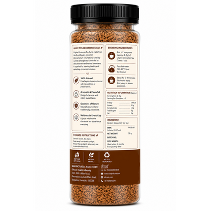 Premium Ceylon Cinnamon Tea Cut in a transparent stand-up pouch with aromatic dried cinnamon pieces for flavorful herbal tea and infusions.