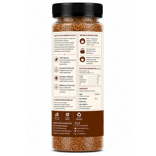 Premium Ceylon Cinnamon Tea Cut in a transparent stand-up pouch with aromatic dried cinnamon pieces for flavorful herbal tea and infusions.