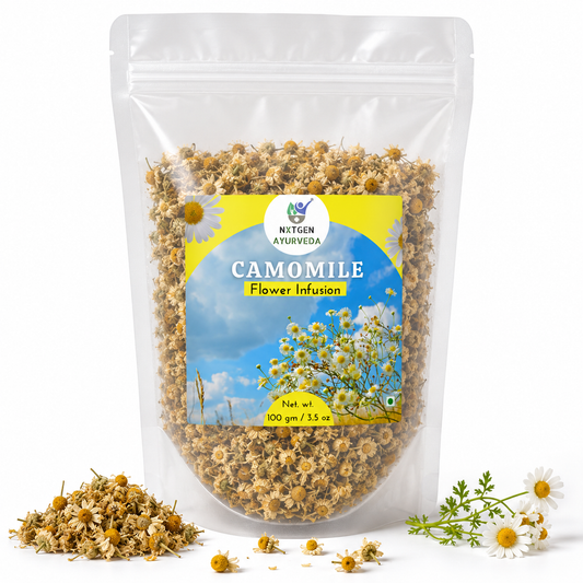 Premium Chamomile Flower Infusion in a transparent stand-up pouch with dried chamomile flowers for a soothing herbal tea and wellness beverage.