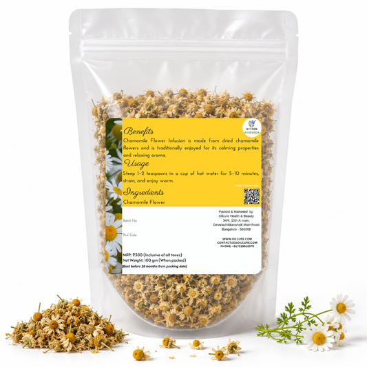 Premium Chamomile Flower Infusion in a transparent stand-up pouch with dried chamomile flowers for a soothing herbal tea and wellness beverage.