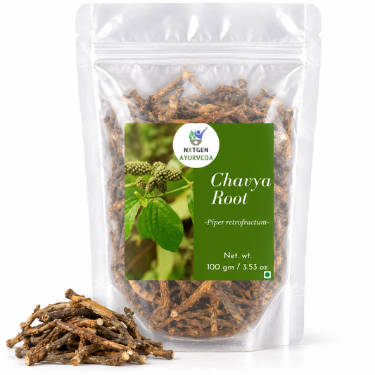 Premium Chavya Root in a transparent stand-up pouch with naturally dried herbal roots for traditional Ayurvedic and herbal use.