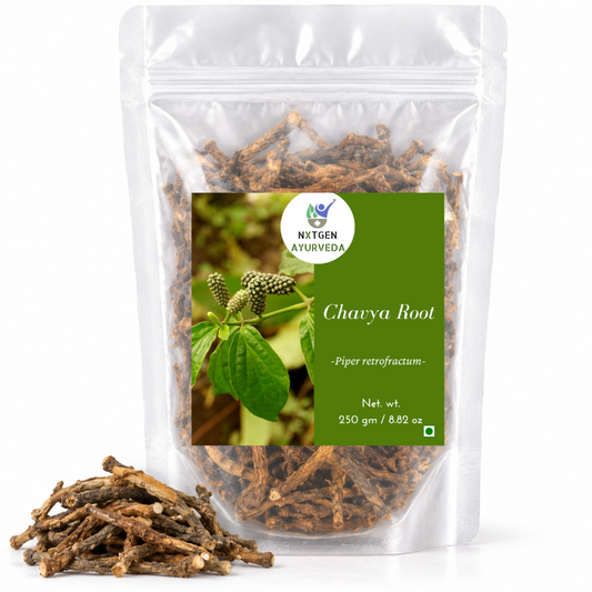 Premium Chavya Root in a transparent stand-up pouch with naturally dried herbal roots for traditional Ayurvedic and herbal use. 
