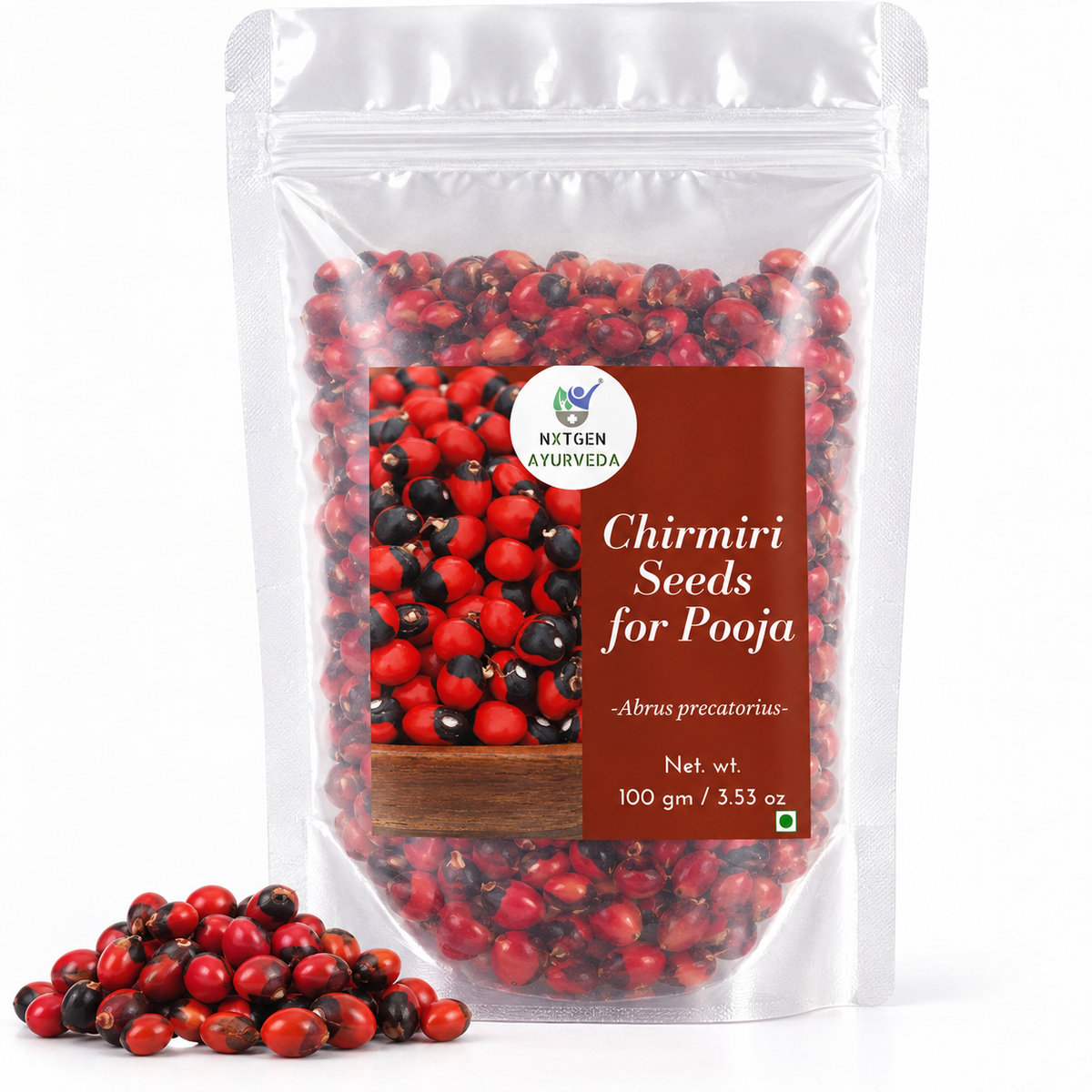 Premium Chirmiri Seeds for Pooja in a transparent stand-up pouch with natural whole seeds for traditional पूजा and religious rituals.