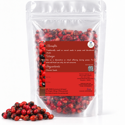 Premium Chirmiri Seeds for Pooja in a transparent stand-up pouch with natural whole seeds for traditional पूजा and religious rituals.