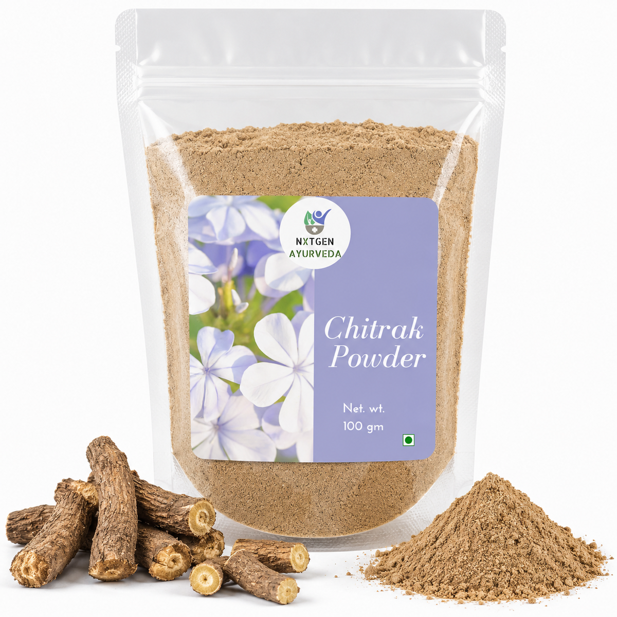 Premium Chitrak Powder in a transparent stand-up pouch with finely ground Plumbago zeylanica root powder for traditional Ayurvedic wellness.