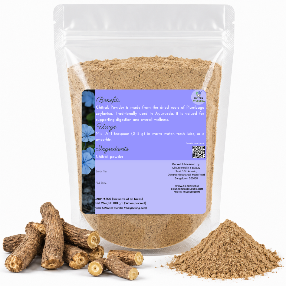 Premium Chitrak Powder in a transparent stand-up pouch with finely ground Plumbago zeylanica root powder for traditional Ayurvedic wellness.