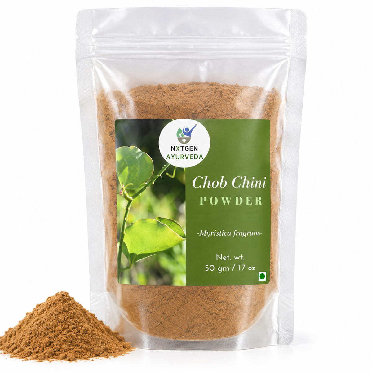 Premium Chob Chini Powder in a transparent stand-up pouch with finely ground herbal powder for traditional Ayurvedic and herbal use.