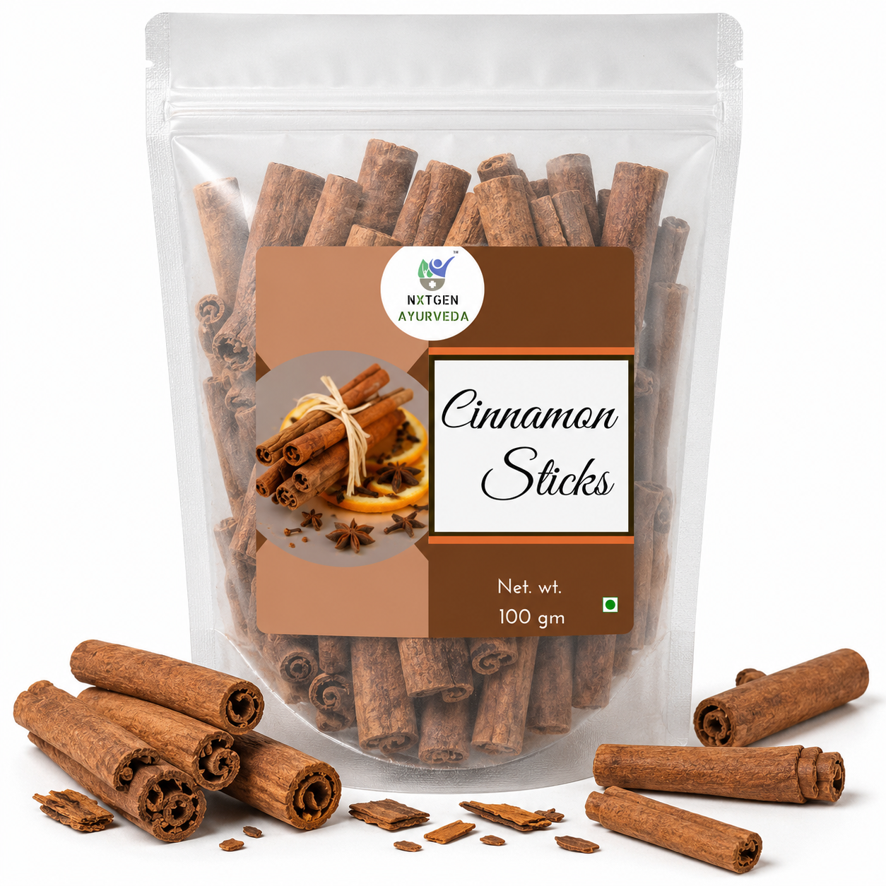 Premium Cinnamon (Cassia) Round Sticks in a transparent stand-up pouch with aromatic dried cinnamon sticks for tea, cooking, baking, and desserts