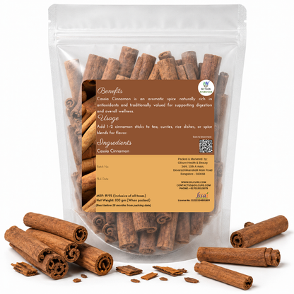 Premium Cinnamon (Cassia) Round Sticks in a transparent stand-up pouch with aromatic dried cinnamon sticks for tea, cooking, baking, and desserts