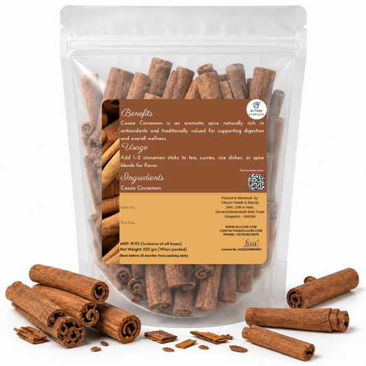 Premium Cinnamon (Cassia) Round Sticks in a transparent stand-up pouch with aromatic dried cinnamon sticks for tea, cooking, baking, and desserts