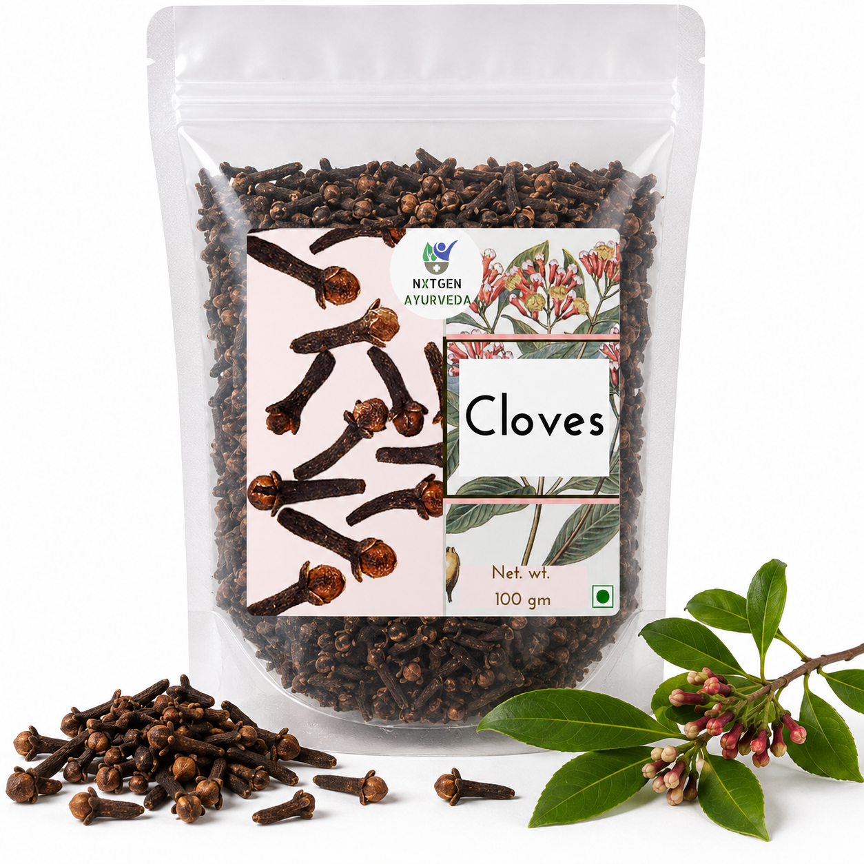 Premium Clove (Laung) in a transparent stand-up pouch with whole aromatic dried cloves for cooking, seasoning, tea, and traditional recipes.